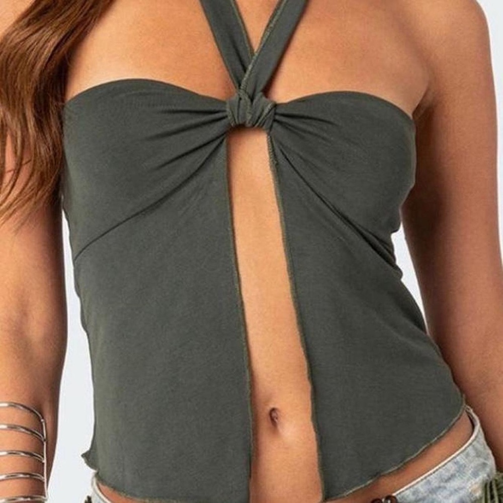 Edikted Green Crop Top with Tie Front and Cut Out